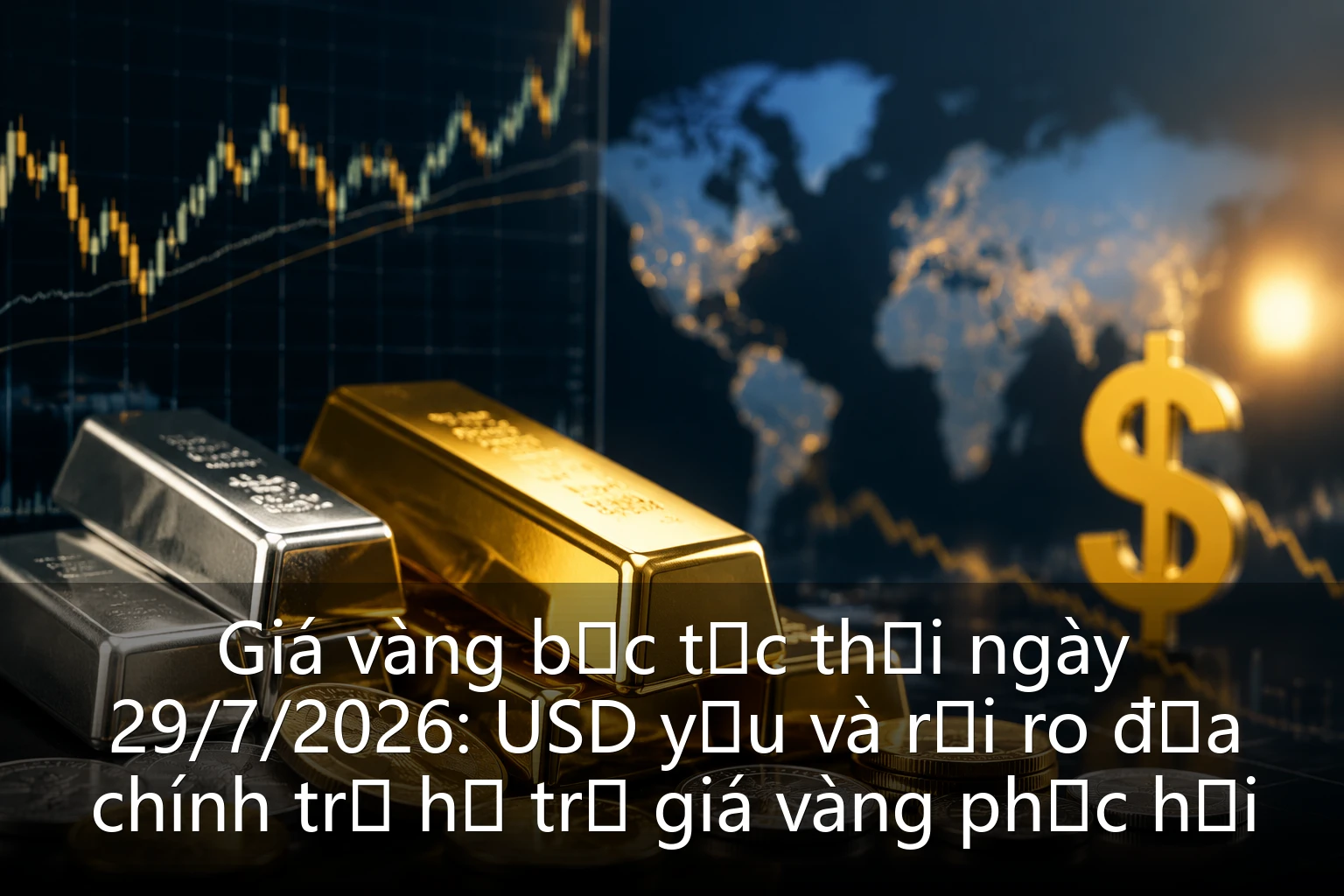 Giá vàng bạc tức thời ngày 29/7/2026: USD yếu và rủi ro địa chính trị hỗ trợ giá vàng phục hồi